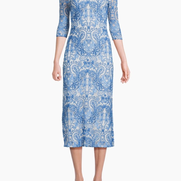 Johnny Was Wynifred Mesh Blue and White Midi Dress (from Saks Fifth Avenue)